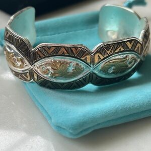 Vintage Crumrine MFG 3/4 Silver and‎ Gold etched Tone Cuff Bracelet